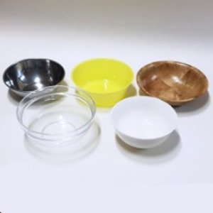 여러가지물질그릇 5종 금속 플라스틱 나무 유리 사기그릇